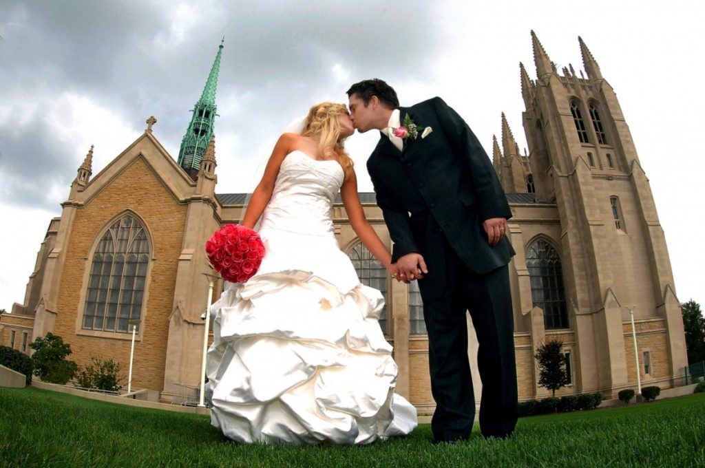 wedding photo with cathedral background
