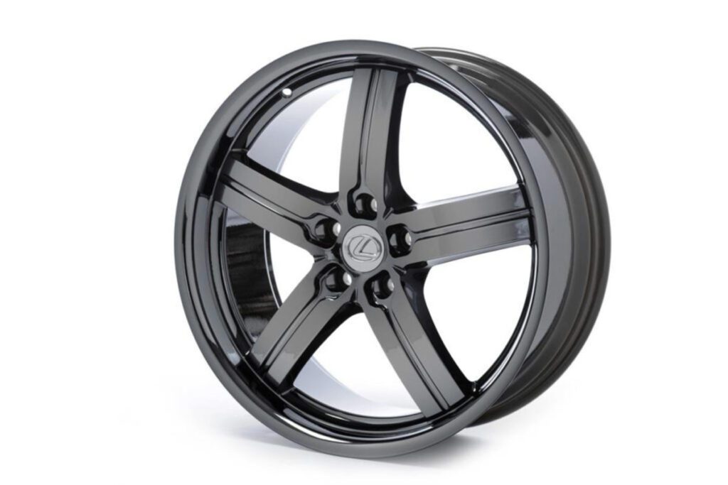 A black 5-spoke Lexus alloy wheel.