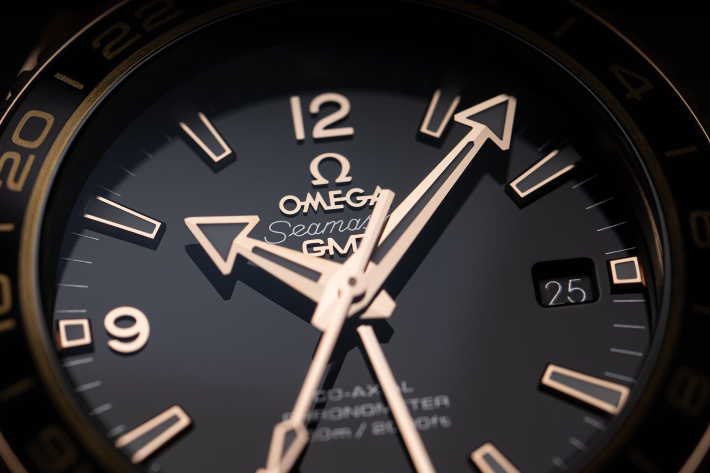 Close-up of an Omega Seamaster watch face showing time and date.